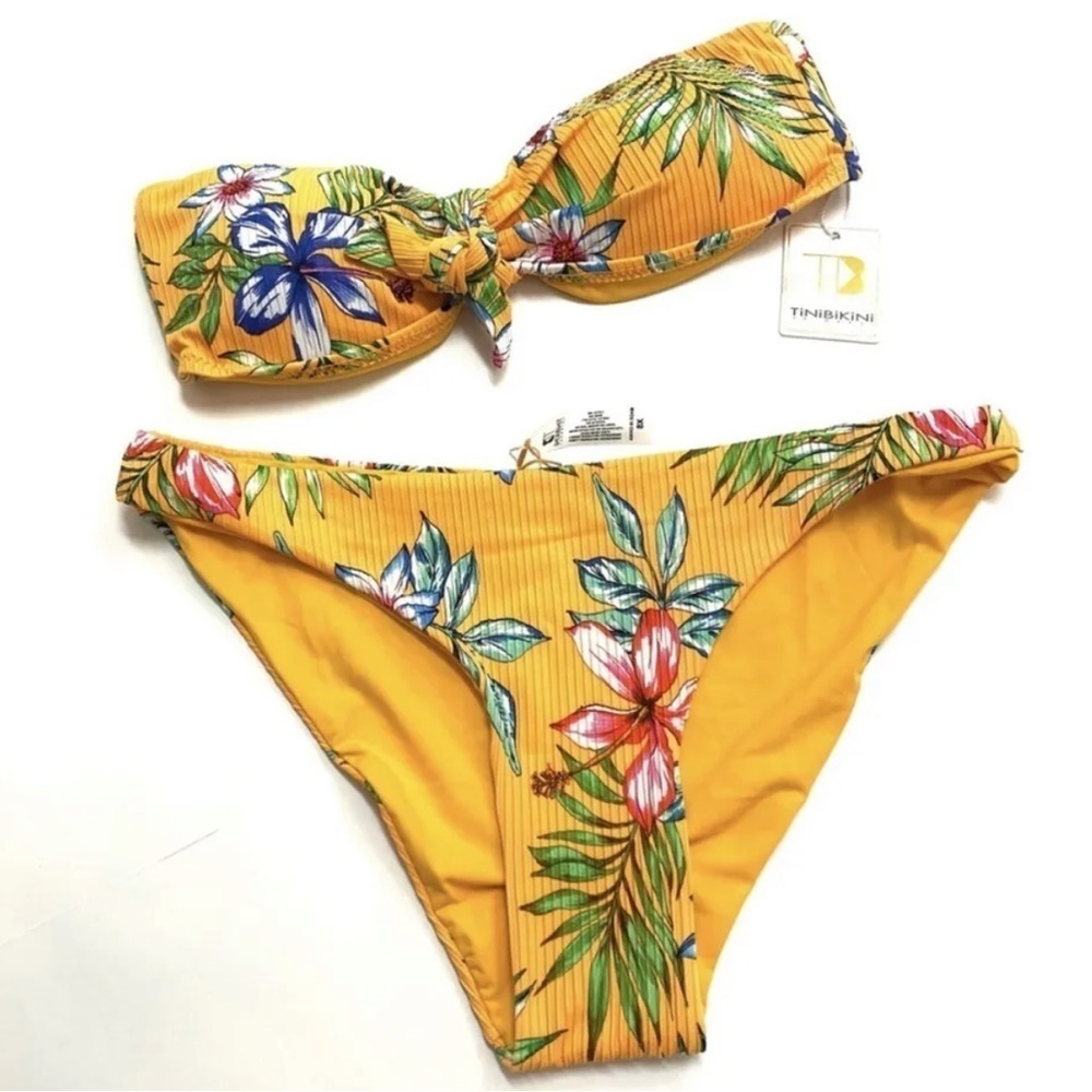 TiniBikini Yellow Floral Printed Strapless Bikini Top Briefs Bottoms Swim Set